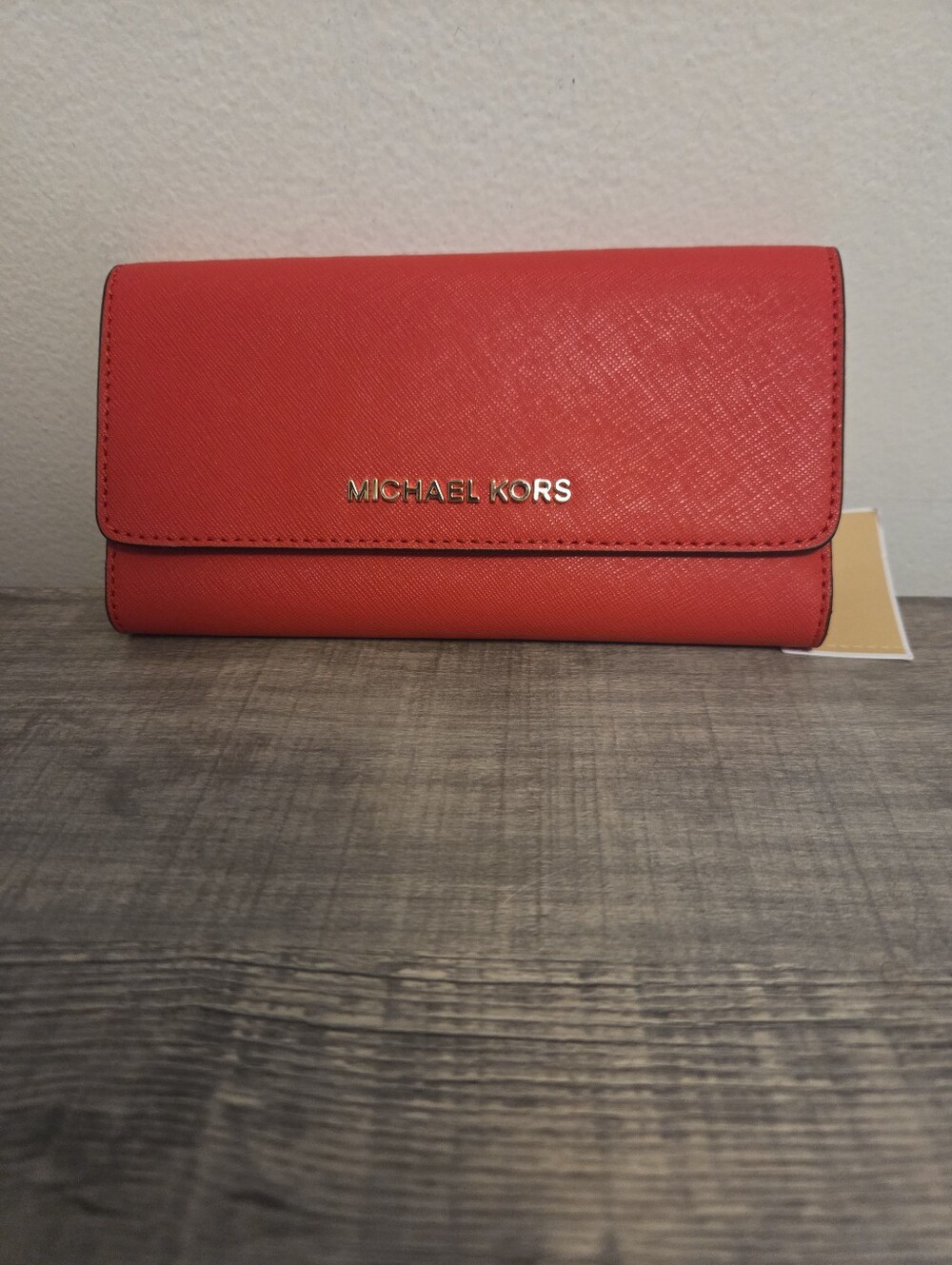NWT Michael Kors Coral-Red Saffiano Leather Wallet with Gold Logo